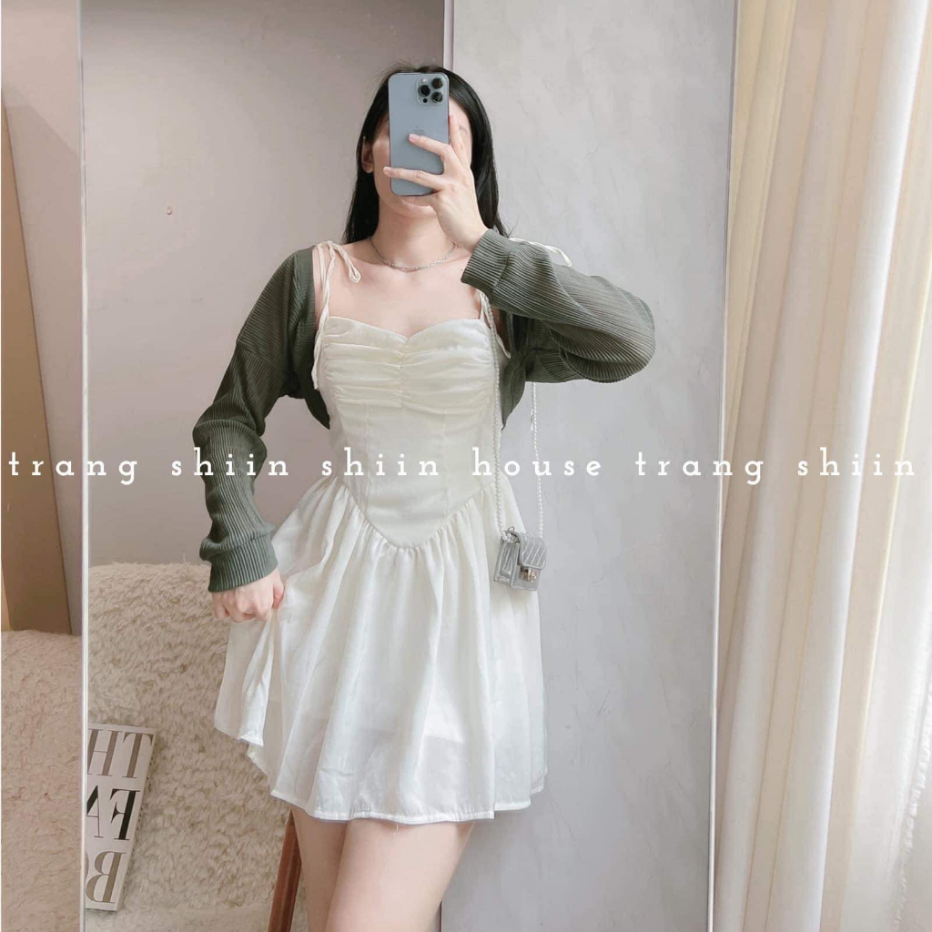 Set Bộ Váy Nữ Váy 2 Dây Tơ Nhũ Trắng Rúm Ngực 2 Lớp Mix Áo Khoác Cadigan Dài Tay Màu Râu Freesize