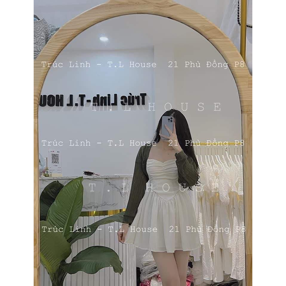 Set Bộ Váy Nữ Váy 2 Dây Tơ Nhũ Trắng Rúm Ngực 2 Lớp Mix Áo Khoác Cadigan Dài Tay Màu Râu Freesize