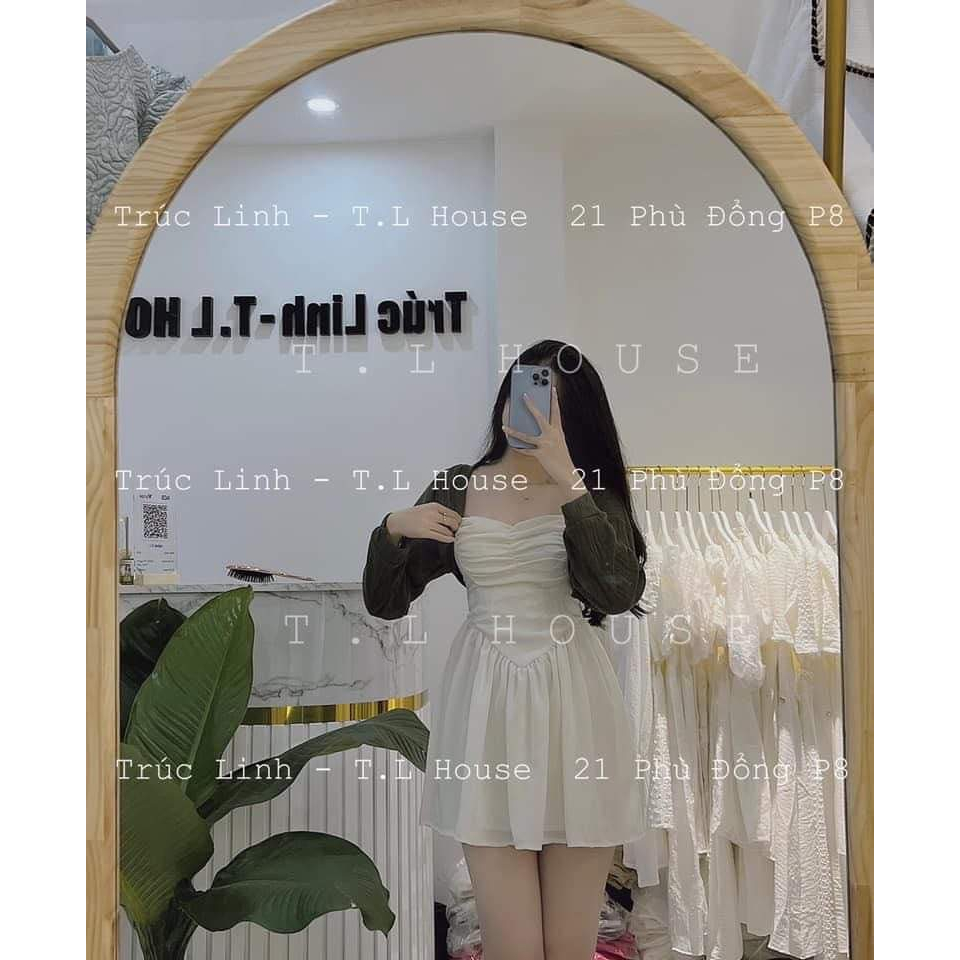 Set Bộ Váy Nữ Váy 2 Dây Tơ Nhũ Trắng Rúm Ngực 2 Lớp Mix Áo Khoác Cadigan Dài Tay Màu Râu Freesize