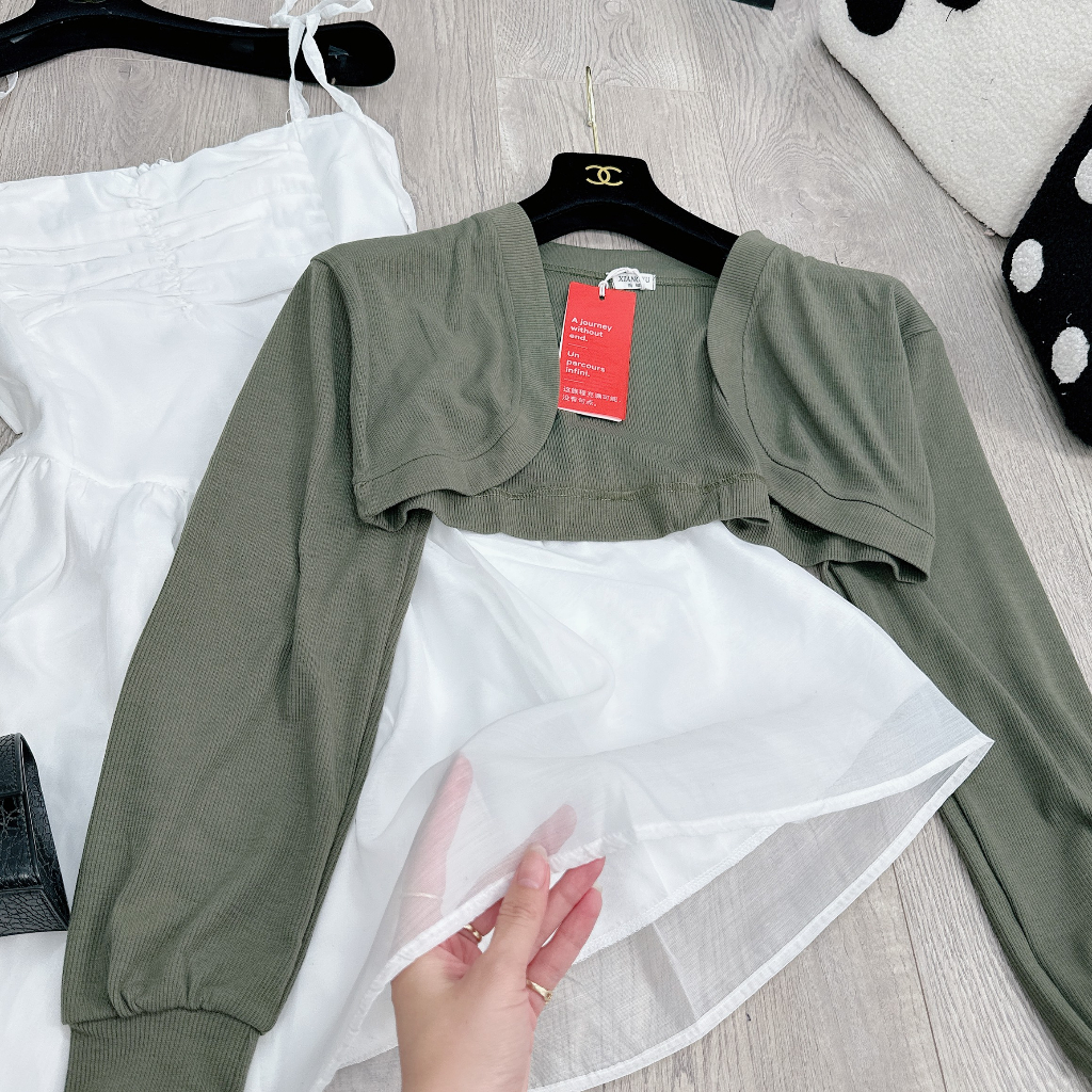 Set Bộ Váy Nữ Váy 2 Dây Tơ Nhũ Trắng Rúm Ngực 2 Lớp Mix Áo Khoác Cadigan Dài Tay Màu Râu Freesize