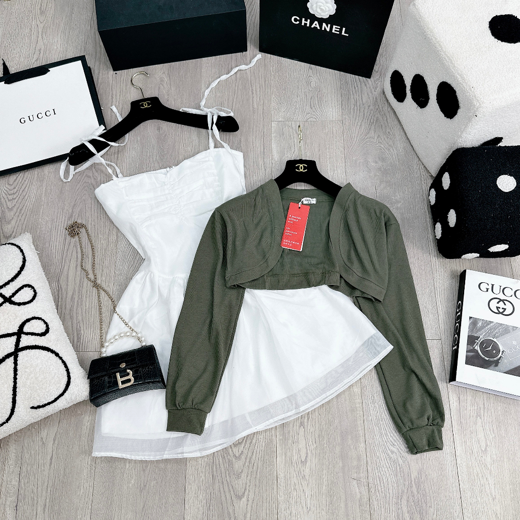 Set Bộ Váy Nữ Váy 2 Dây Tơ Nhũ Trắng Rúm Ngực 2 Lớp Mix Áo Khoác Cadigan Dài Tay Màu Râu Freesize