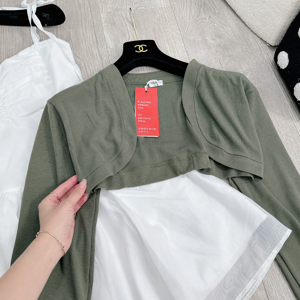 Set Bộ Váy Nữ Váy 2 Dây Tơ Nhũ Trắng Rúm Ngực 2 Lớp Mix Áo Khoác Cadigan Dài Tay Màu Râu Freesize