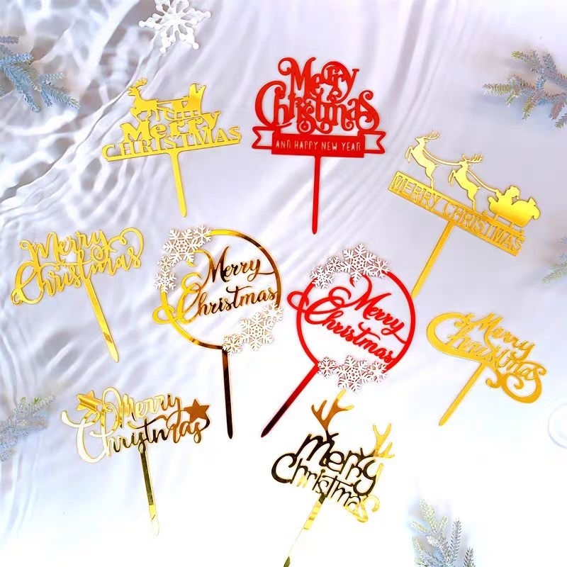 Que cắm Noel mica trang trí bánh kem merry christmas