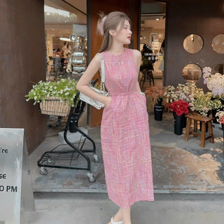 Đầm xu hướng dễ thương du lịch chất caro xốp ba lỗ cột dây eo váy dài maxi XĐ