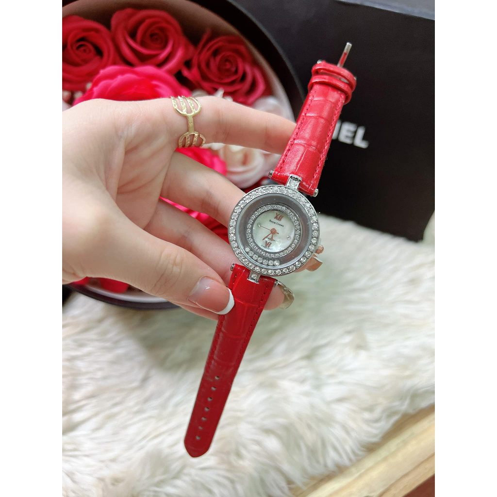 Đồng Hồ Nữ Royal Crown JAPAN WATCH Thiết Kế Mặt Tròn Đính Đá Sang Trọng Dây Da Cao Cấp Size 30mm