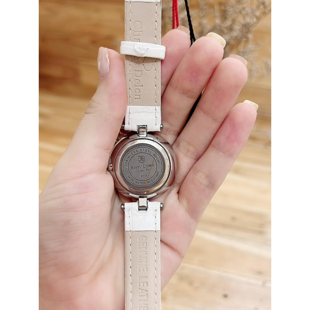 Đồng Hồ Nữ Royal Crown JAPAN WATCH Thiết Kế Mặt Tròn Đính Đá Sang Trọng Dây Da Cao Cấp Size 30mm
