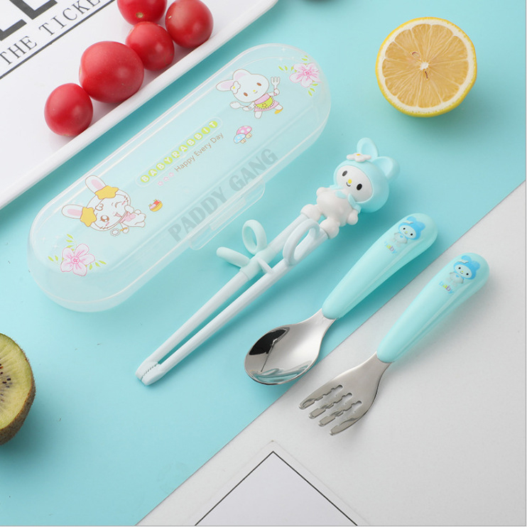 Bộ Thìa Dĩa Đũa Tập Ăn An Toàn Cho Bé Bằng Inox 304,Thìa Ăn Dặm Tập Xúc, Đũa Xỏ Ngón Tập Gắp Cho Trẻ Em