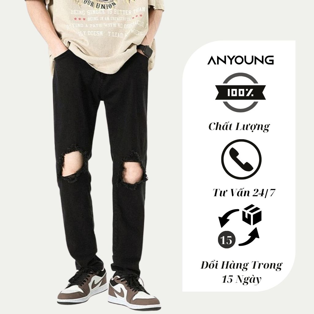 Quần Jean Nam ANYOUNG Quần Bagggy Nam chất bò Rách Gối Phong Cách Đường Phố Hàn Quốc Co Giãn Tốt Thấm Hút Mồ Hôi QD326