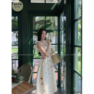 Đầm thời trang nữ mặc đi chơi chất lụa ý in hoa 2 dây cánh tiên có mút ngực bèo viền váy dài maxi QC