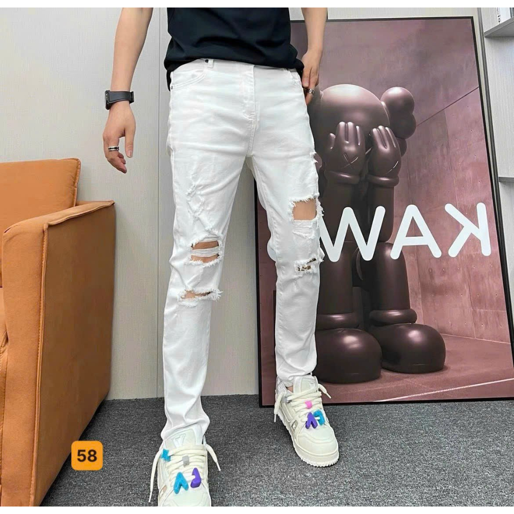 Quần jean nam trắng trơn rách gối chất bò cao cấp co dãn, quần rin nam đẹp 1995AD Nhiều Mẫu Mới