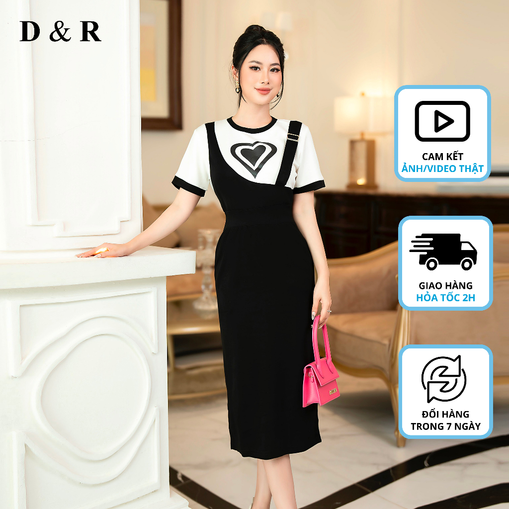Đầm thun giả yếm bigsize họa tiết trái tim Quảng Châu cao cấp D&R Fashion D391