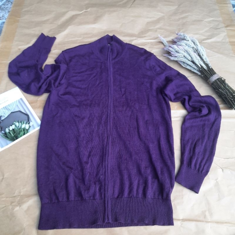 Pass Áo cardigan Áo khoác có khóa kéo chất len mỏng màu tím