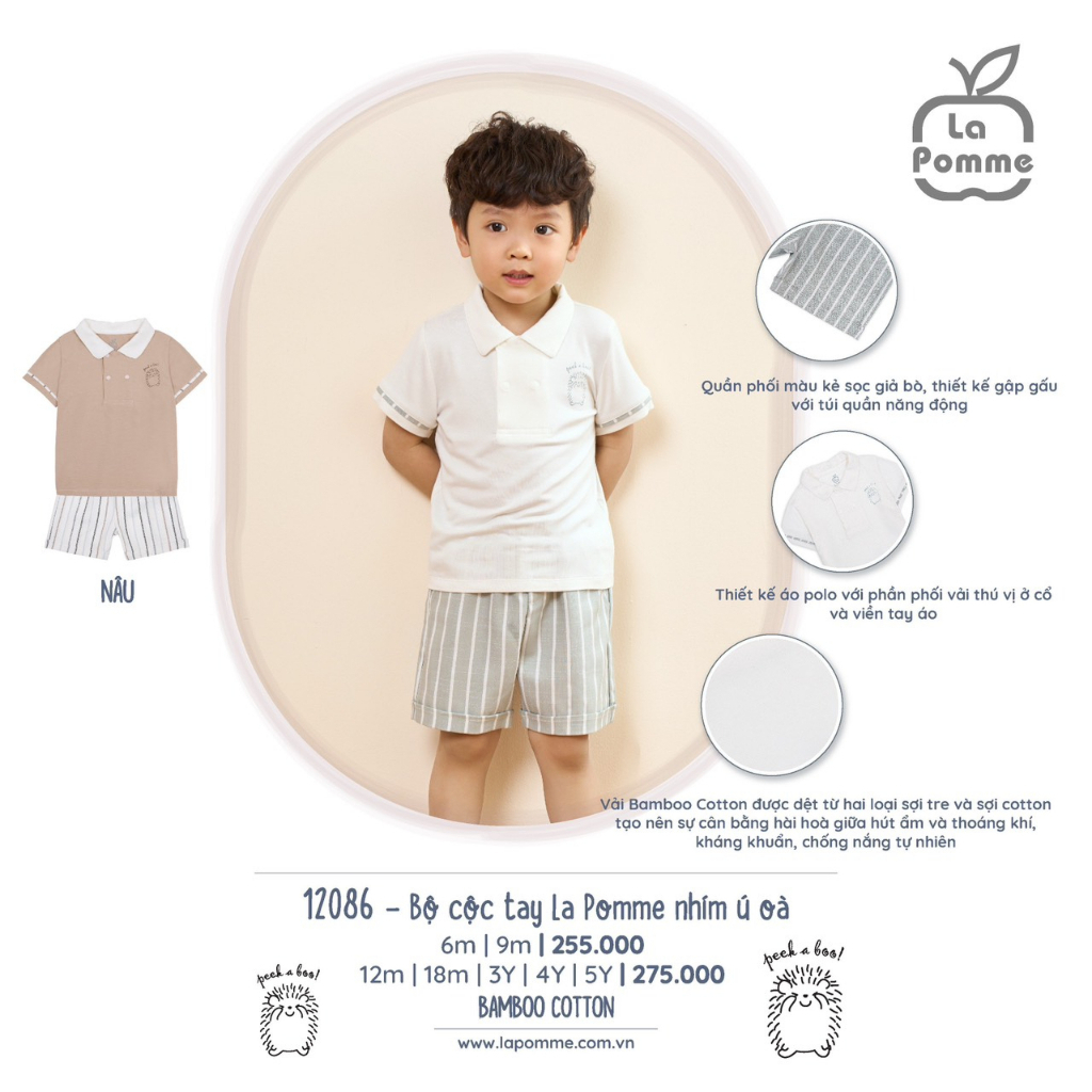 La Pomme - Bộ cộc tay La Pomme nhím ú oà - Nâu Trắng 6M 9M 12M 18M 3Y 4Y 5Y