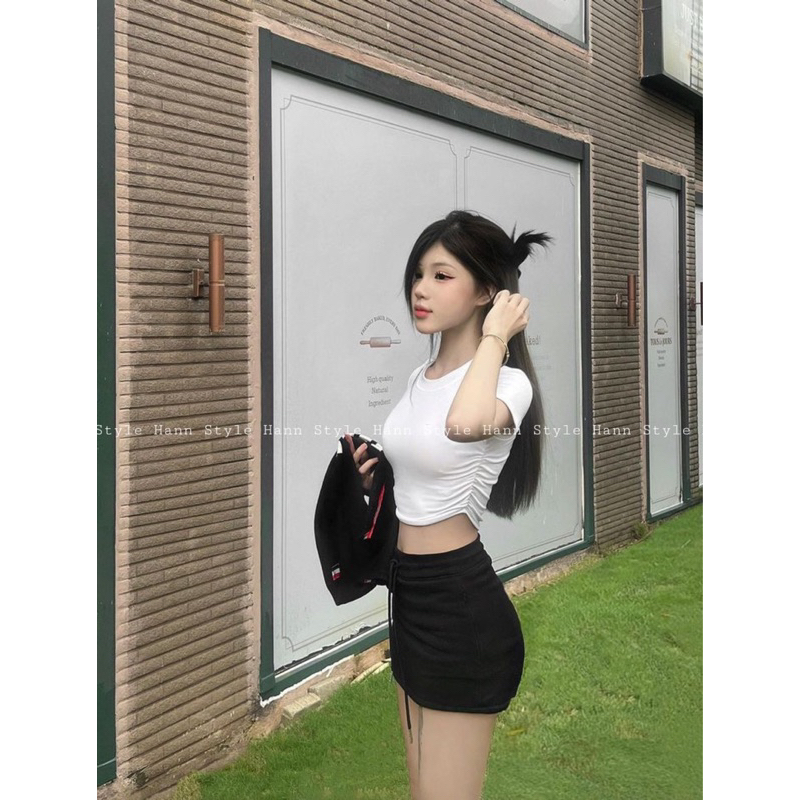 ÁO CROPTOP NHÚN EO HAI BÊN TAY CON