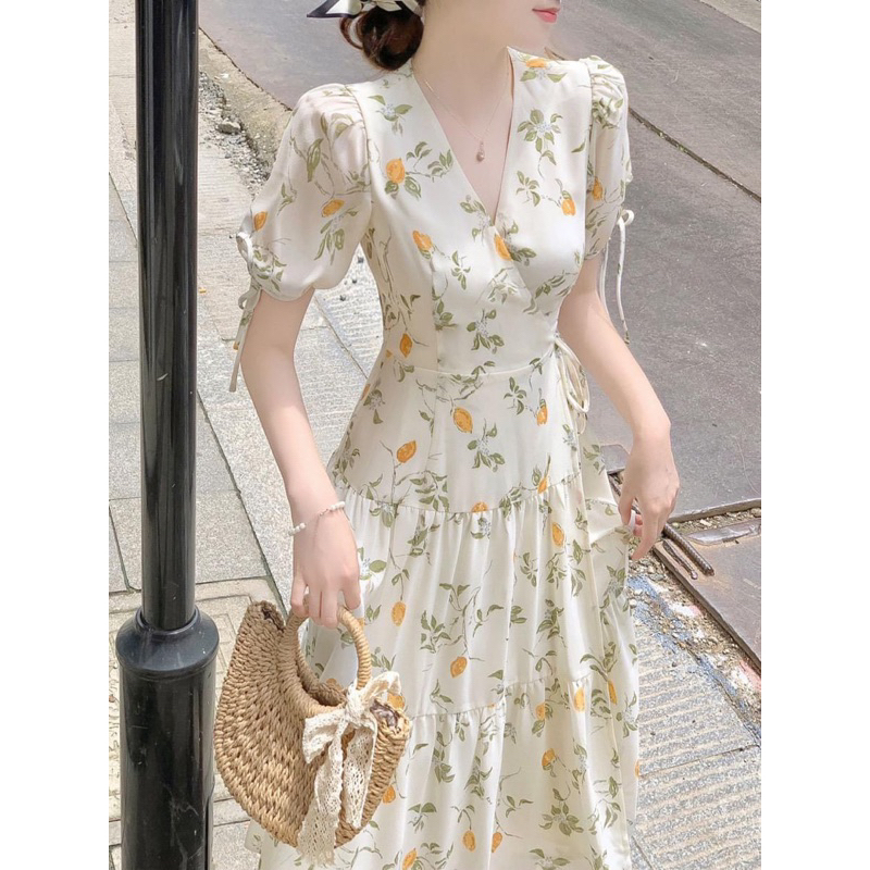 Đầm xoè lụa hoa TRIPBLE T DRESS tay ngắn phồng cột dây nơ siêu xinh - Free size dưới 54kg
