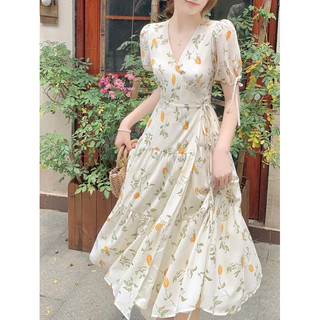 Đầm xoè lụa hoa TRIPBLE T DRESS tay ngắn phồng cột dây nơ siêu xinh - Free size dưới 54kg