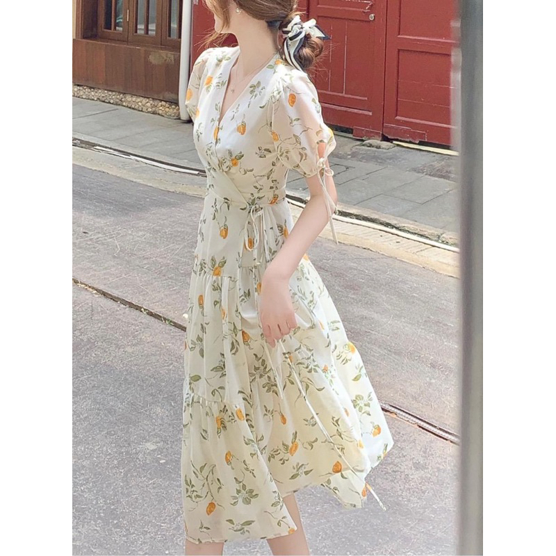 Đầm xoè lụa hoa TRIPBLE T DRESS tay ngắn phồng cột dây nơ siêu xinh - Free size dưới 54kg
