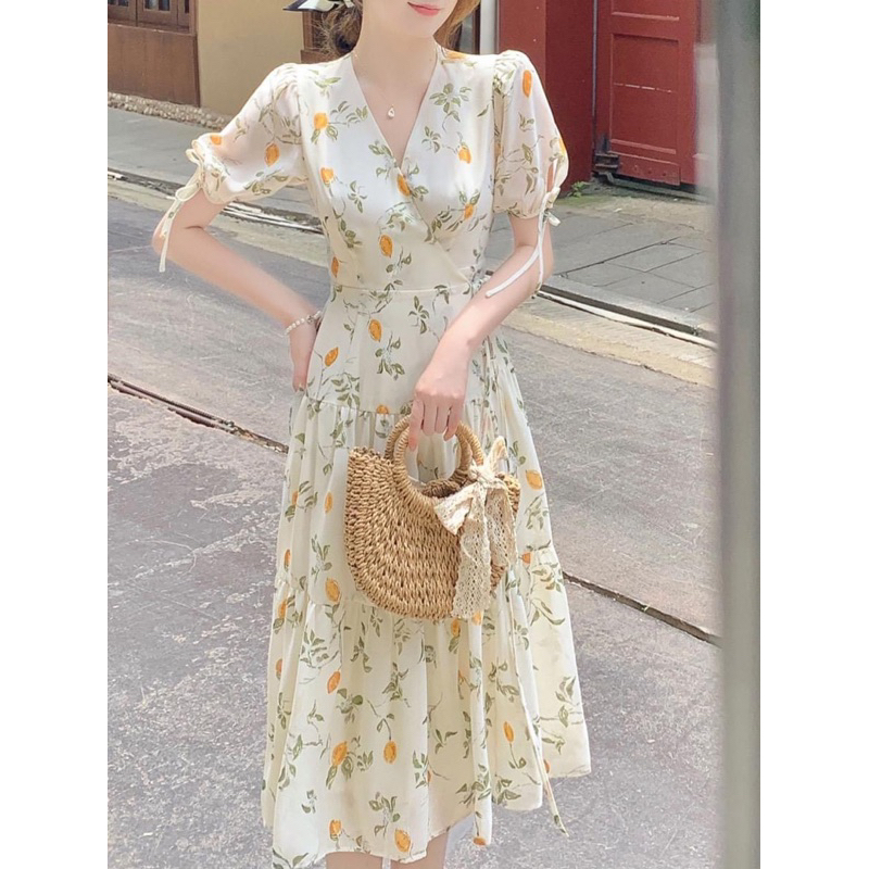 Đầm xoè lụa hoa TRIPBLE T DRESS tay ngắn phồng cột dây nơ siêu xinh - Free size dưới 54kg