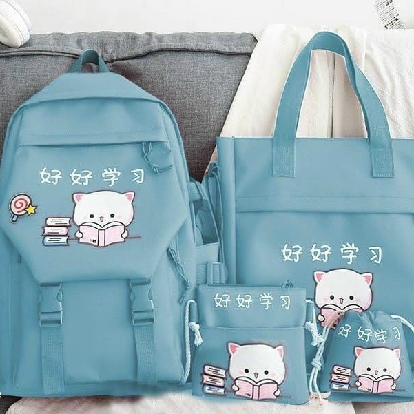 balo 4 combo món thời trang ulzzang, Set balo 4 món đi học, balo 4 món- Mèo kẹo ulzzang