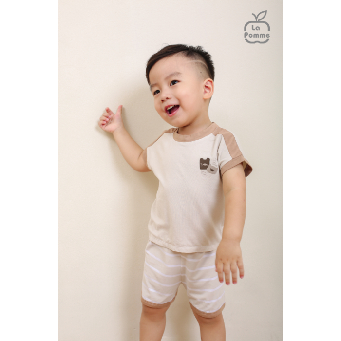 La Pomme - Bộ đồ cộc tay La Pomme kẻ viền màu - Kẻ nâu 5Y