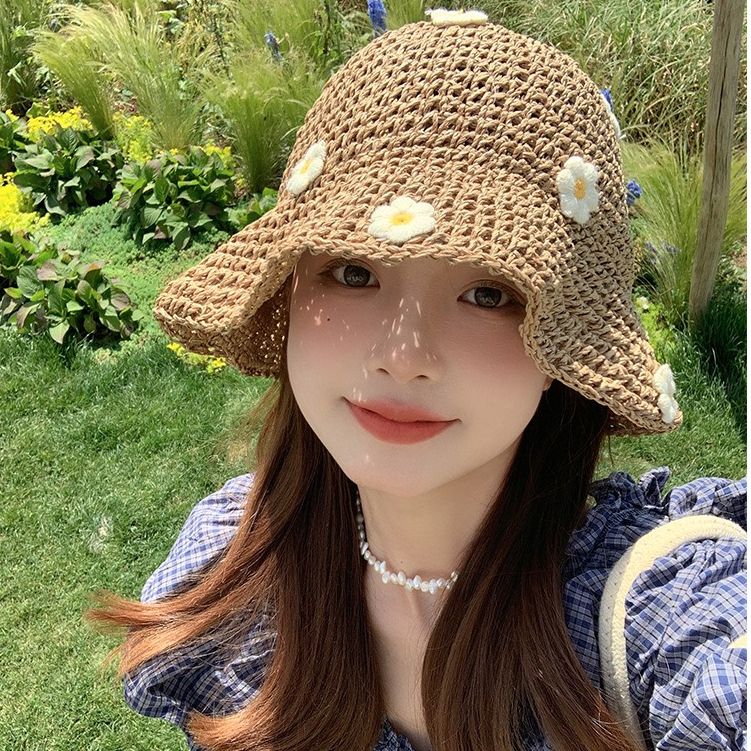 Mũ cói/ nón cói vành rộng hoa cúc thêu nổi siêu xinh