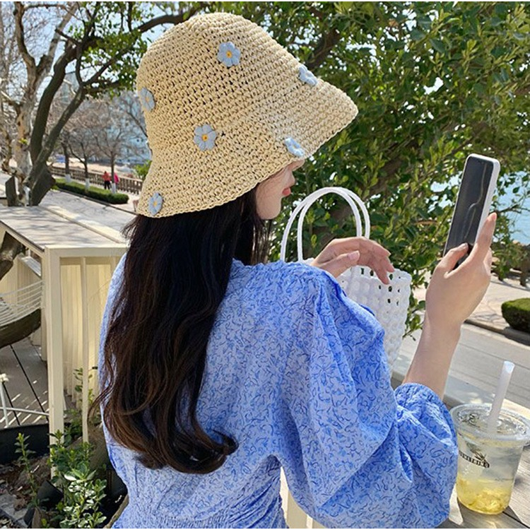 Mũ cói/ nón cói vành rộng hoa cúc thêu nổi siêu xinh