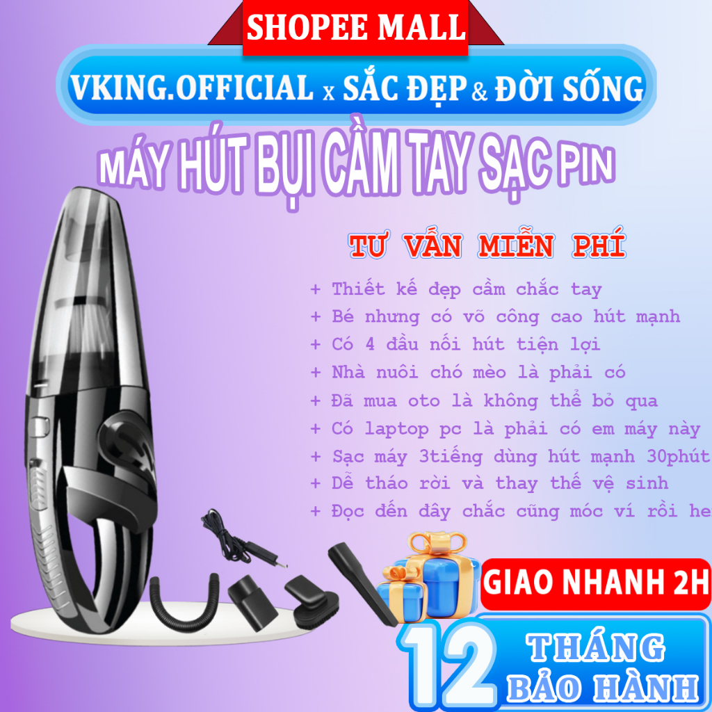 Máy hút bụi cầm tay HOHO không dây lực hút 12000Pa 120W hút sạch bụi lông chó mèo hàng chính hãng bảo hành 12 tháng