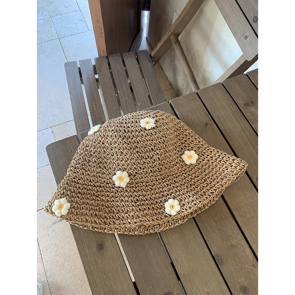 Mũ cói/ nón cói vành rộng hoa cúc thêu nổi siêu xinh
