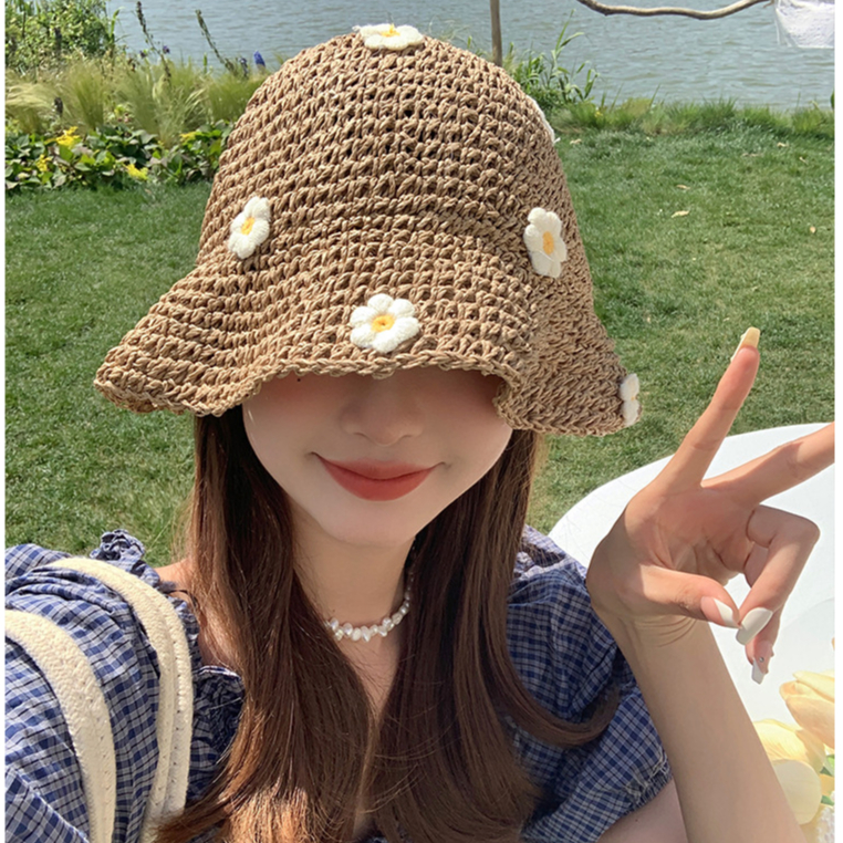 Mũ cói/ nón cói vành rộng hoa cúc thêu nổi siêu xinh