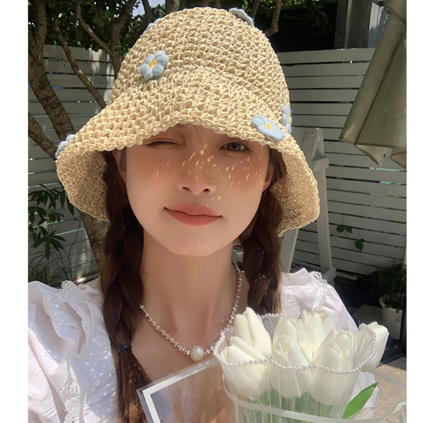 Mũ cói/ nón cói vành rộng hoa cúc thêu nổi siêu xinh