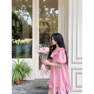 BEIU | Đầm babydoll tay phồng dễ thương hoạ tiết caro hồng ( có lót ) - Design by TUDO