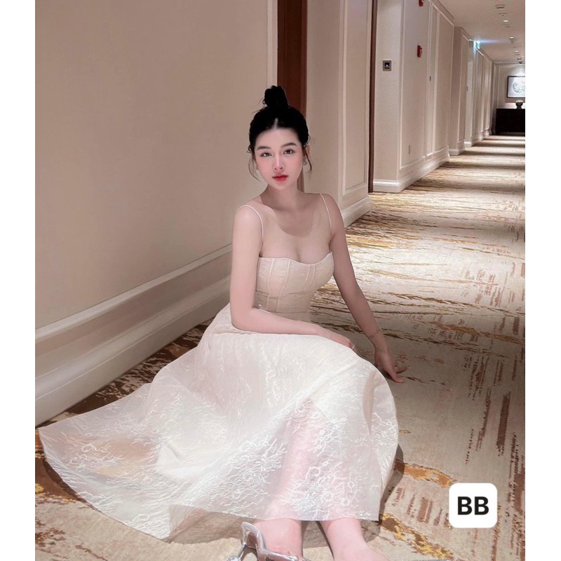 Đầm 2 dây ren dáng xoè bồng sang chảnh dự tiệc