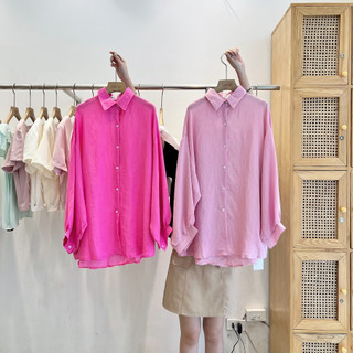 Áo sơ mi mina cổ đức tay bồng dài dáng basic