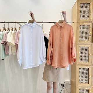 Áo sơ mi mina cổ đức tay bồng dài dáng basic