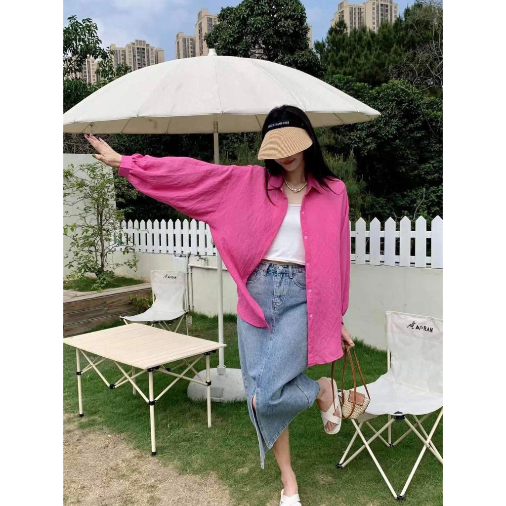 Áo sơ mi mina cổ đức tay bồng dài dáng basic