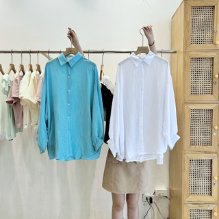Áo sơ mi mina cổ đức tay bồng dài dáng basic