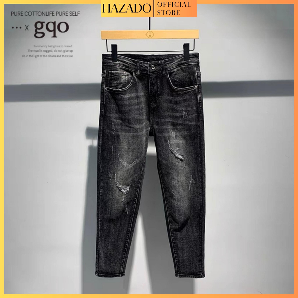 Quần jean nam đen vá da rách gối chất bò co giãn cao cấp vải dày form chuẩn phong cách thời trang HAZADO_HZD111