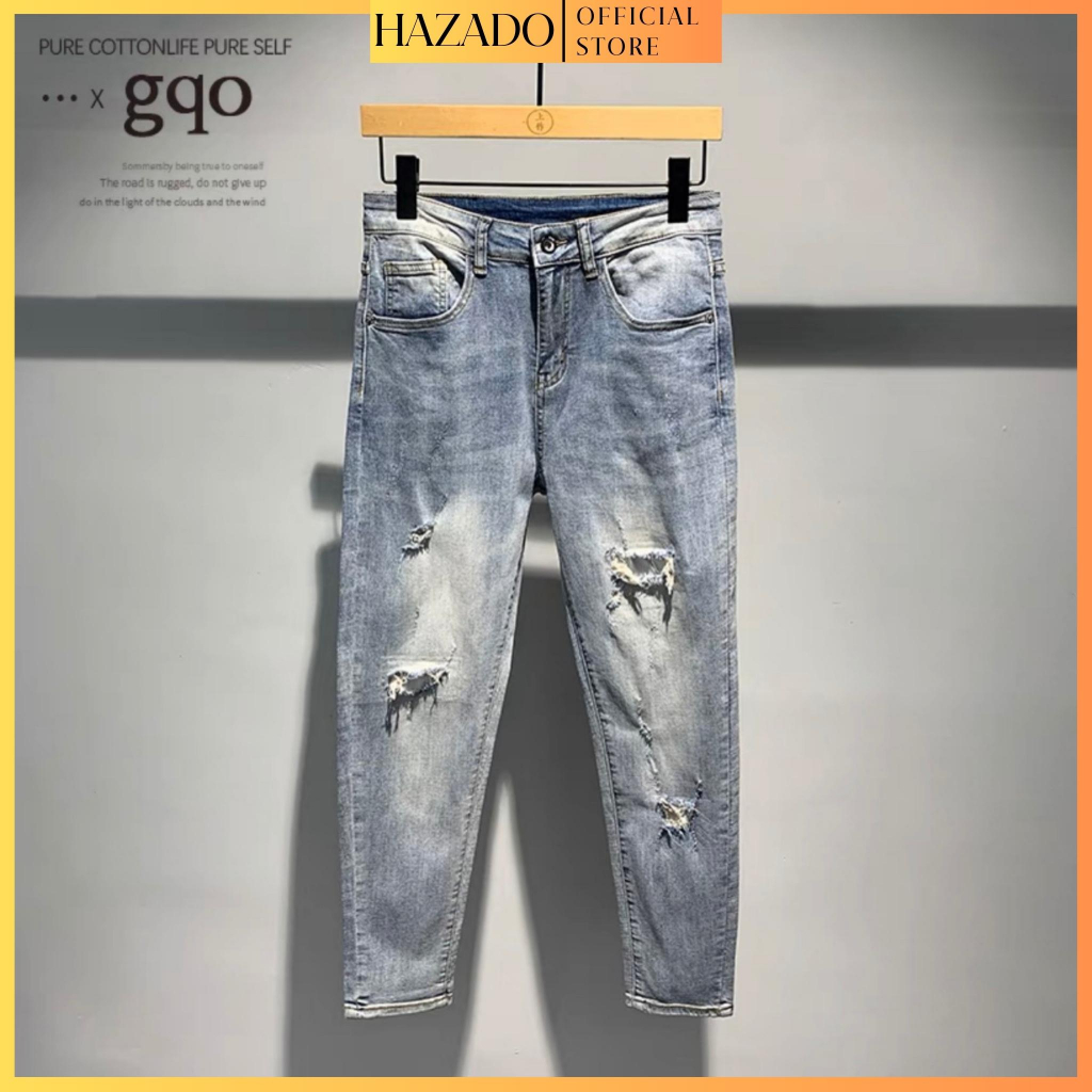 Quần jean nam đen vá da rách gối chất bò co giãn cao cấp vải dày form chuẩn phong cách thời trang HAZADO_HZD111