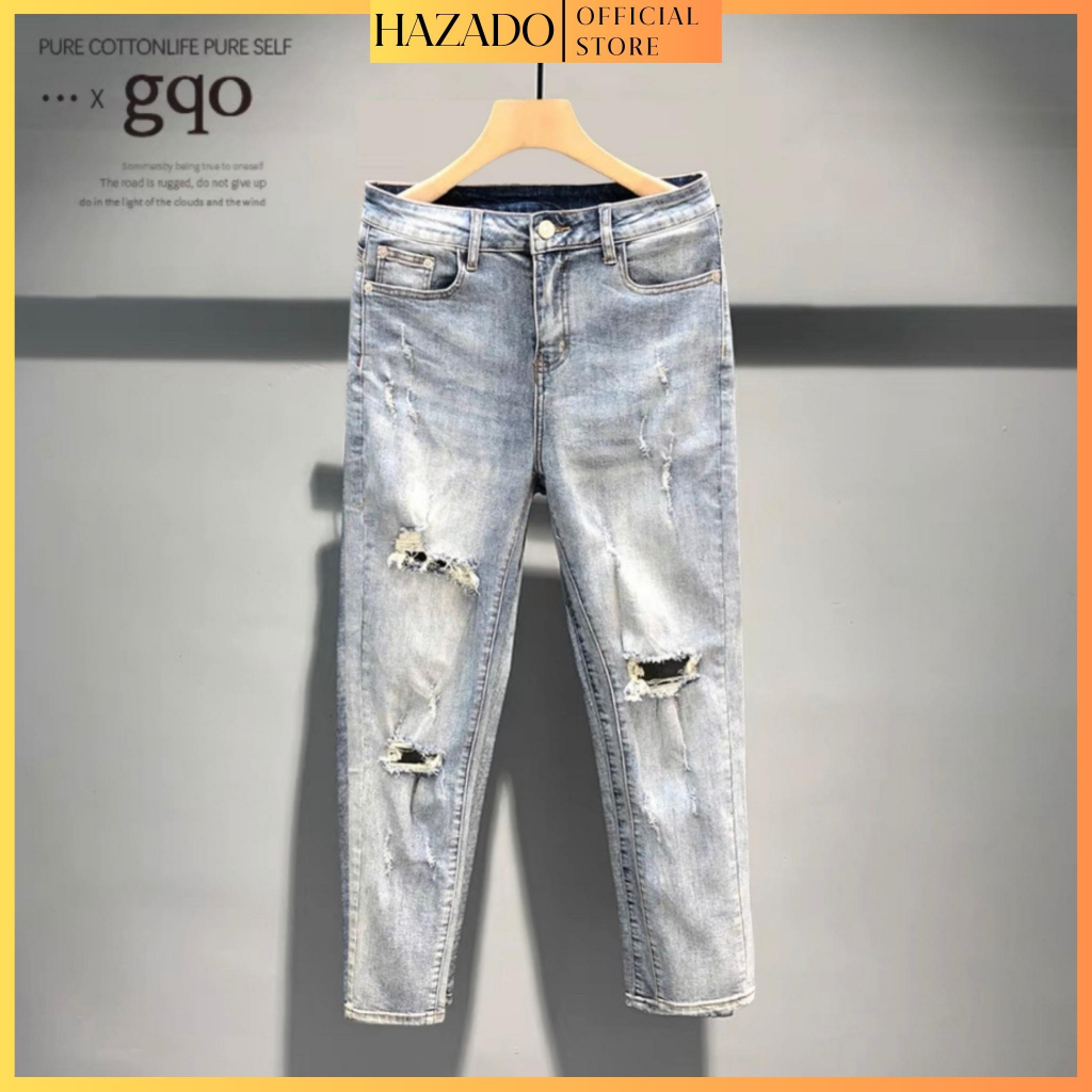 Quần jean nam đen vá da rách gối chất bò co giãn cao cấp vải dày form chuẩn phong cách thời trang HAZADO_HZD111