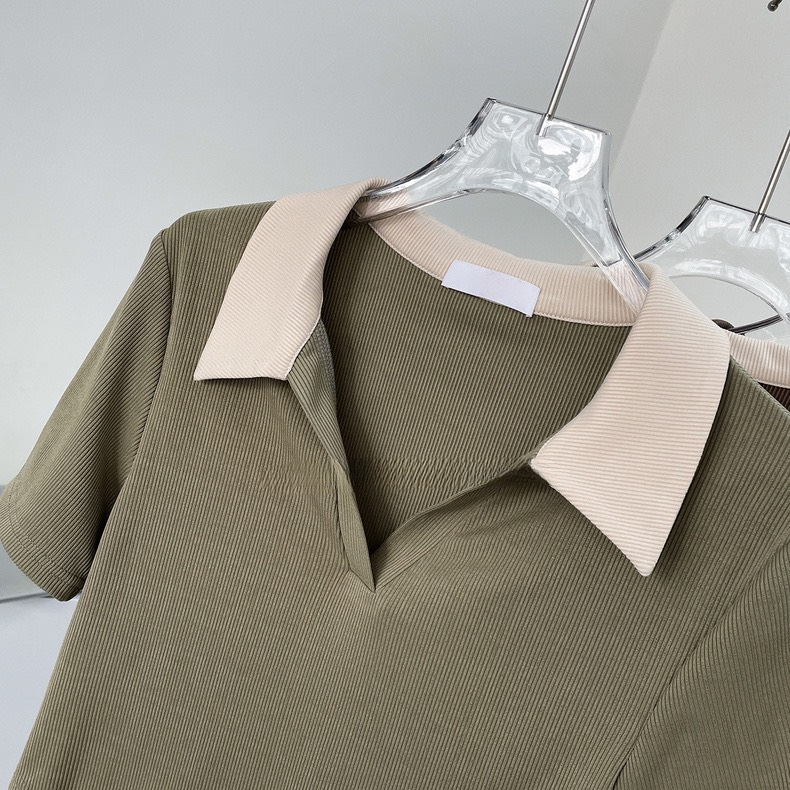 Áo Thun Polo Croptop Cộc Tay Vạt Bầu Cho Nữ A106 Áo Phông Cổ V Dáng Ngắn Đen Trắng Nâu Rêu