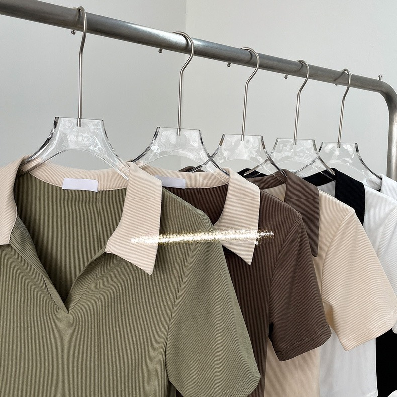 Áo Thun Polo Croptop Cộc Tay Vạt Bầu Cho Nữ A106 Áo Phông Cổ V Dáng Ngắn Đen Trắng Nâu Rêu