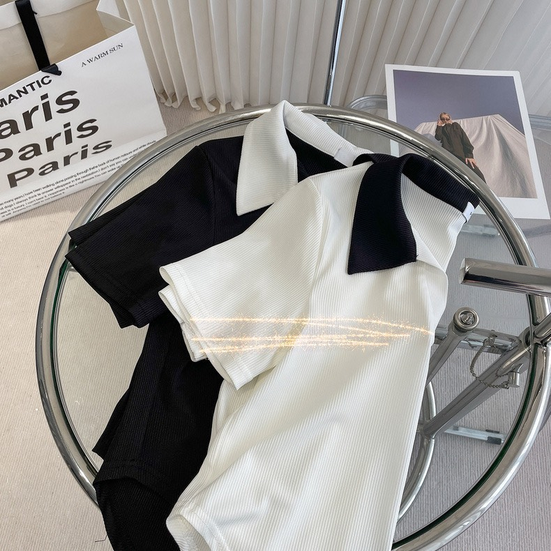 Áo Thun Polo Croptop Cộc Tay Vạt Bầu Cho Nữ A106 Áo Phông Cổ V Dáng Ngắn Đen Trắng Nâu Rêu