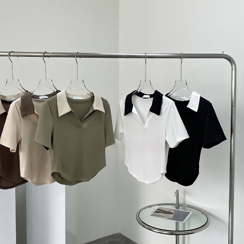 Áo Thun Polo Croptop Cộc Tay Vạt Bầu Cho Nữ A106 Áo Phông Cổ V Dáng Ngắn Đen Trắng Nâu Rêu