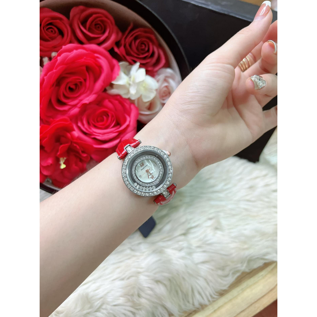 Đồng Hồ Nữ Royal Crown JAPAN WATCH Thiết Kế Mặt Tròn Đính Đá Sang Trọng Dây Da Cao Cấp Size 30mm