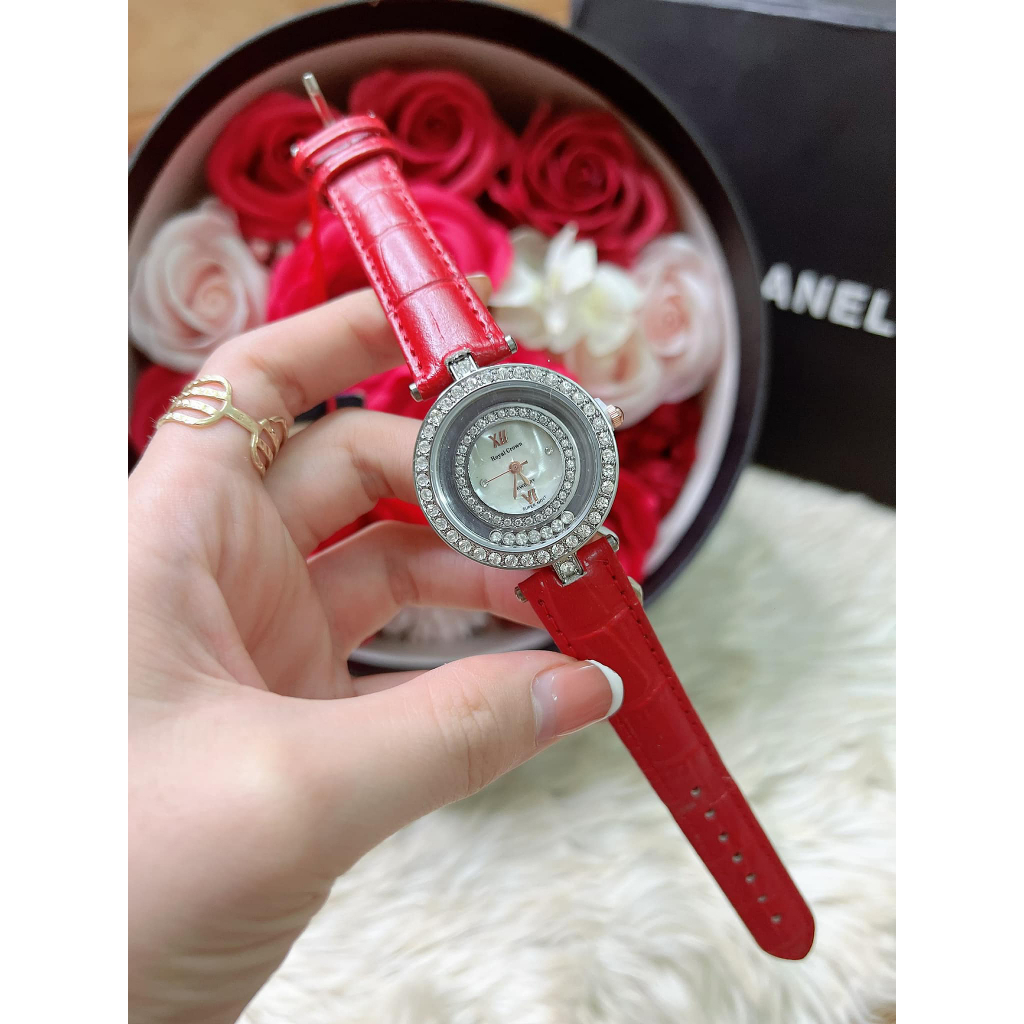 Đồng Hồ Nữ Royal Crown JAPAN WATCH Thiết Kế Mặt Tròn Đính Đá Sang Trọng Dây Da Cao Cấp Size 30mm