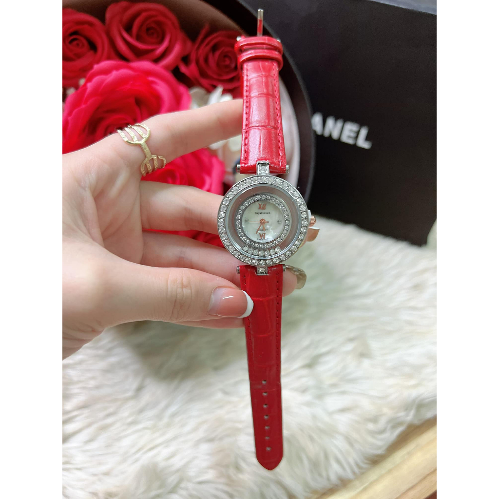Đồng Hồ Nữ Royal Crown JAPAN WATCH Thiết Kế Mặt Tròn Đính Đá Sang Trọng Dây Da Cao Cấp Size 30mm
