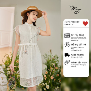Đầm thiết kế cao cấp MAYY FASHION ren hoa trắng cổ sơ mi Trúc Anh