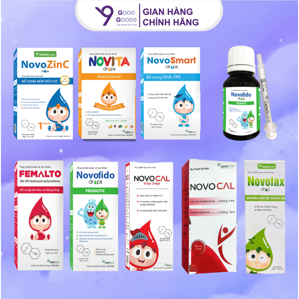DÒNG SẢN PHẨM NHỎ GIỌT VÀ CHAI UỐNG NOVOZINC NOVOCAL NOVITA FEMALTO NOVOSMART NOVOFIDO NOVOLAX