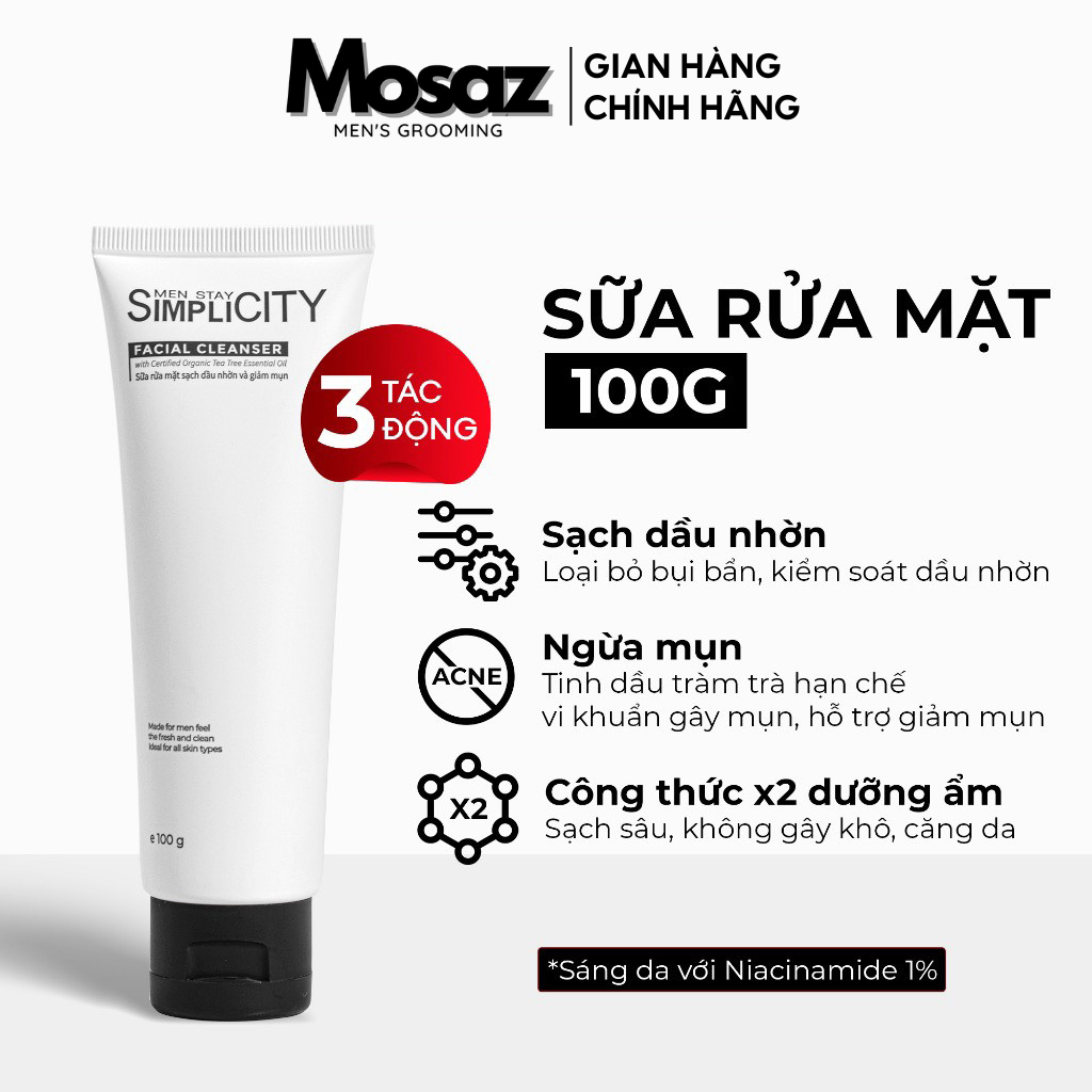 Sữa rửa mặt cho nam sạch dầu nhờn & ngừa mụn Men Stay Simplicity Facial Cleanser 100g với tinh dầu tràm trà organic