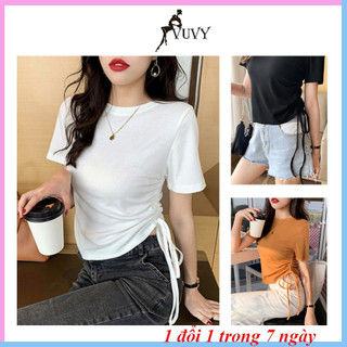 Áo croptop nữ, Áo kiểu nữ tay ngắn, vạt nhọn, cổ tròn phối dây rút trẻ trung, hack dáng